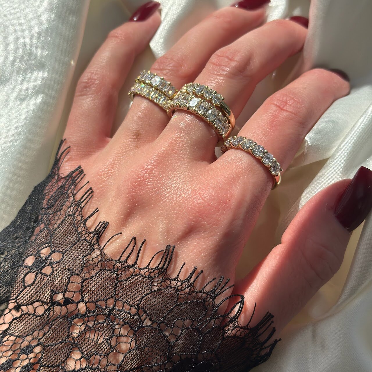 Custom rings worn over lace glove