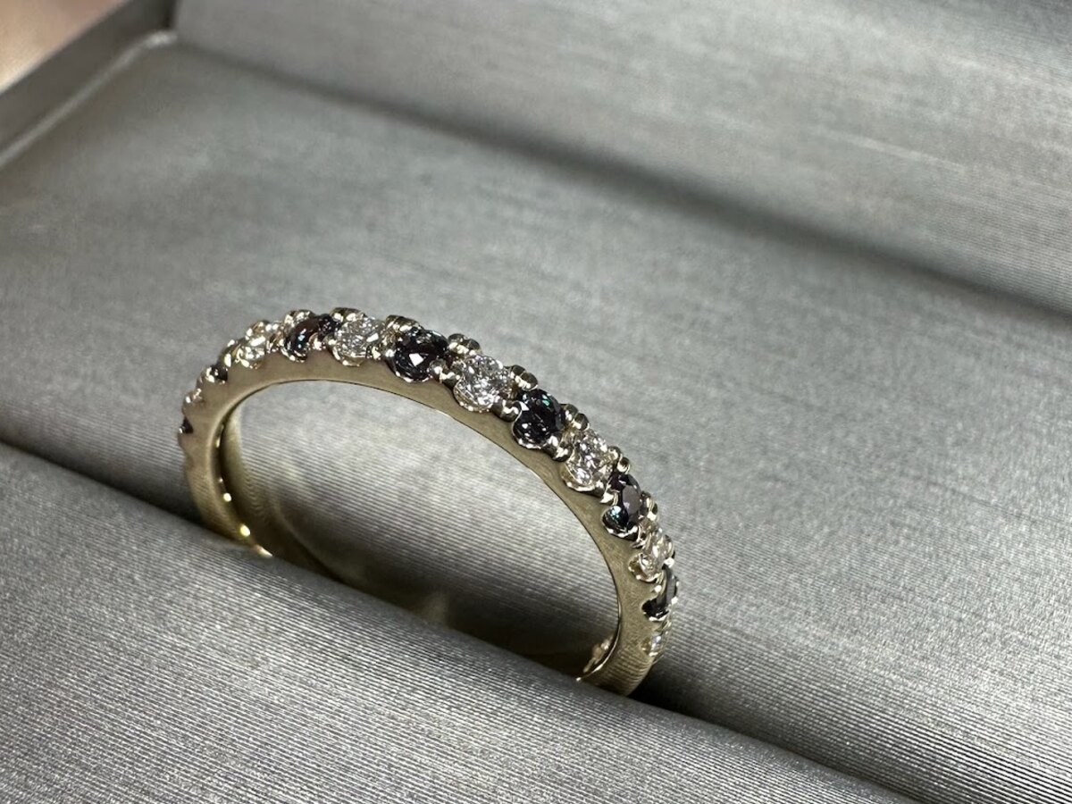 Custom wedding band photographed in a jewelry box